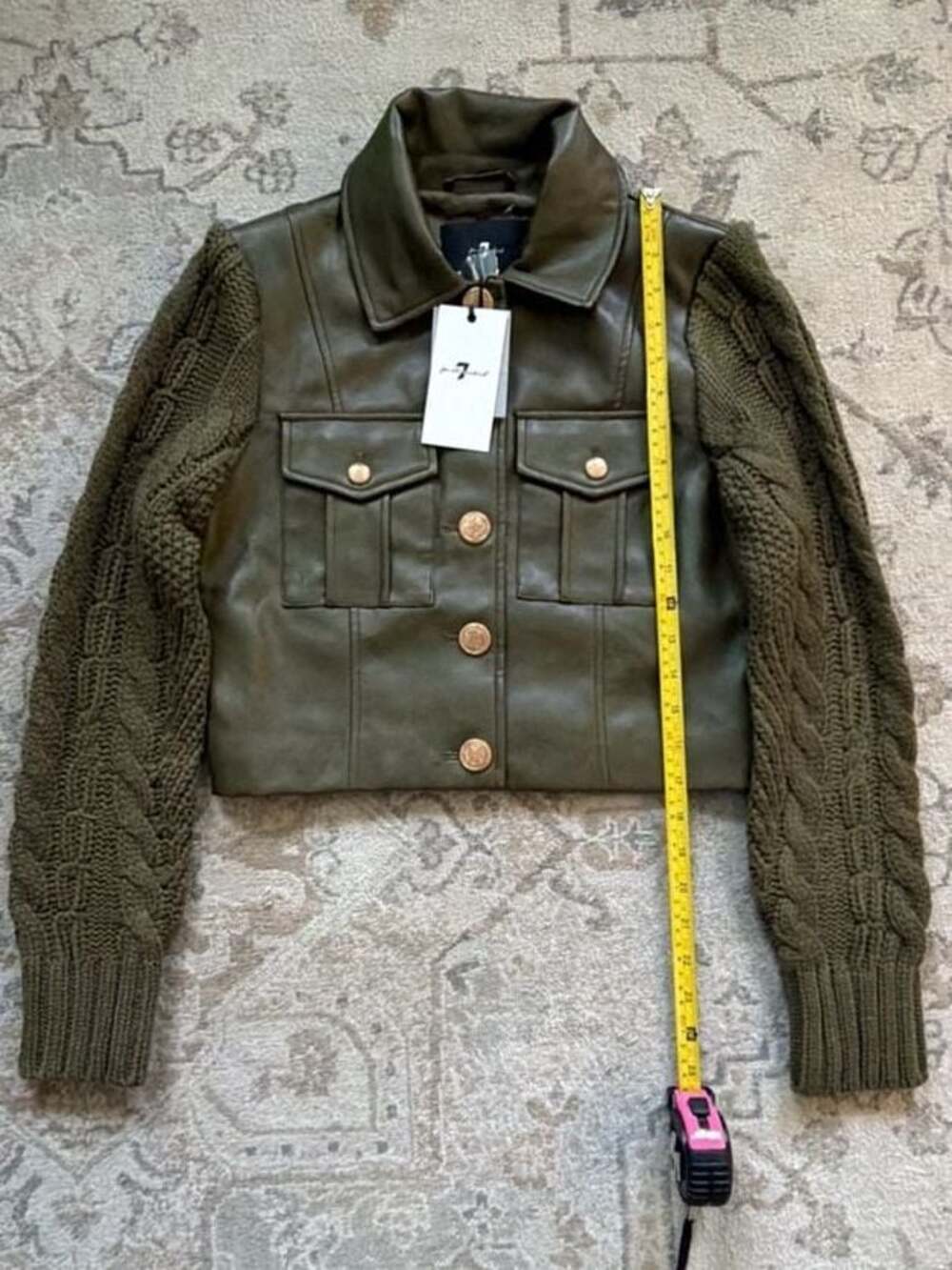 7 For All Mankind Faux Leather and Cable Knit Combo Trucker Jacket